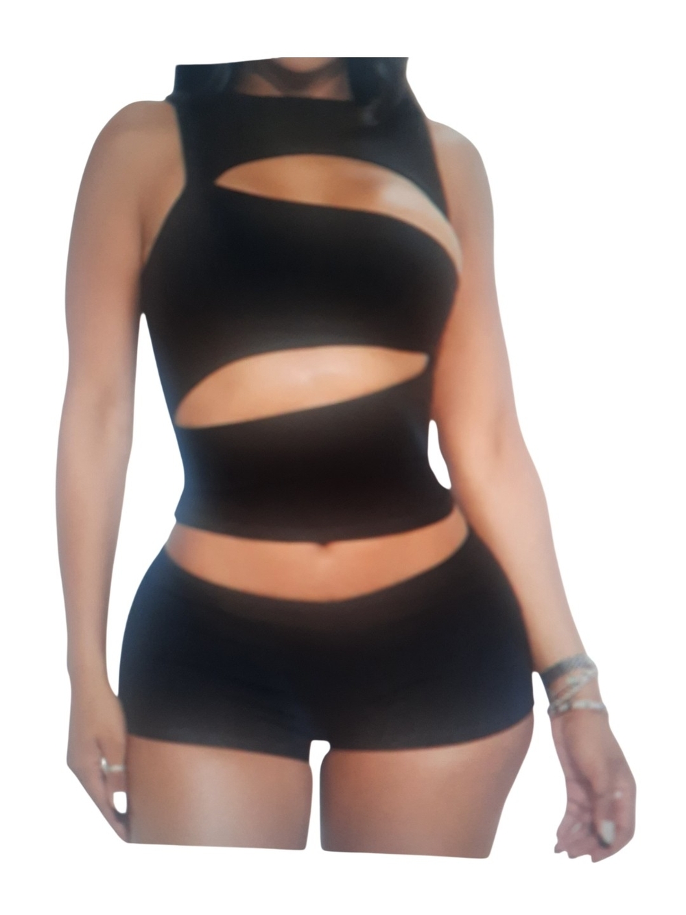 Women’s Black Cutout croptop High-Waist Shortset